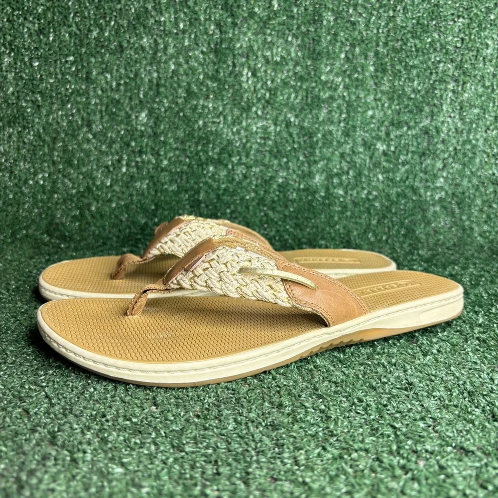 NEW Sperry‎ Parrotfish Braided Thong Leather Beach Flip Flop Tan Gold Womens 9 M